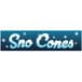 A blue and white Carnival King "Sno-Cones" decal with snowflakes.