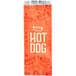 A red paper hot dog bag with orange and white text on a white background.