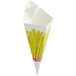 A white paper cone with yellow french fries in it.