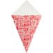 A white paper cone with red text reading "Savory French Fries" on it.