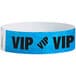 A blue paper wristband with black "VIP" text.