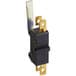 A black and gold microswitch with holes on a white background.