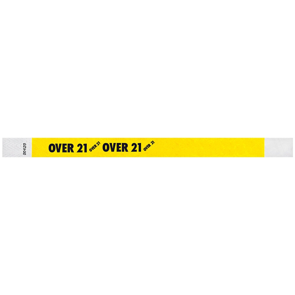 Neon Yellow "OVER 21" Disposable Tyvek® Wristband 3/4" x 10" - 500/Bag