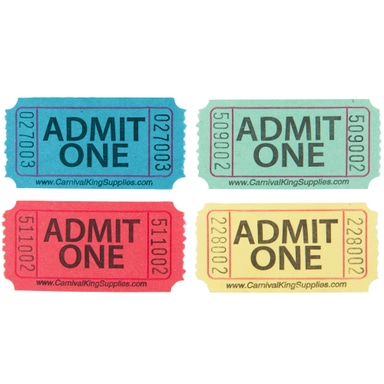 Assorted 1-Part "Admit One" Tickets Set - Blue, Green, Red, Yellow