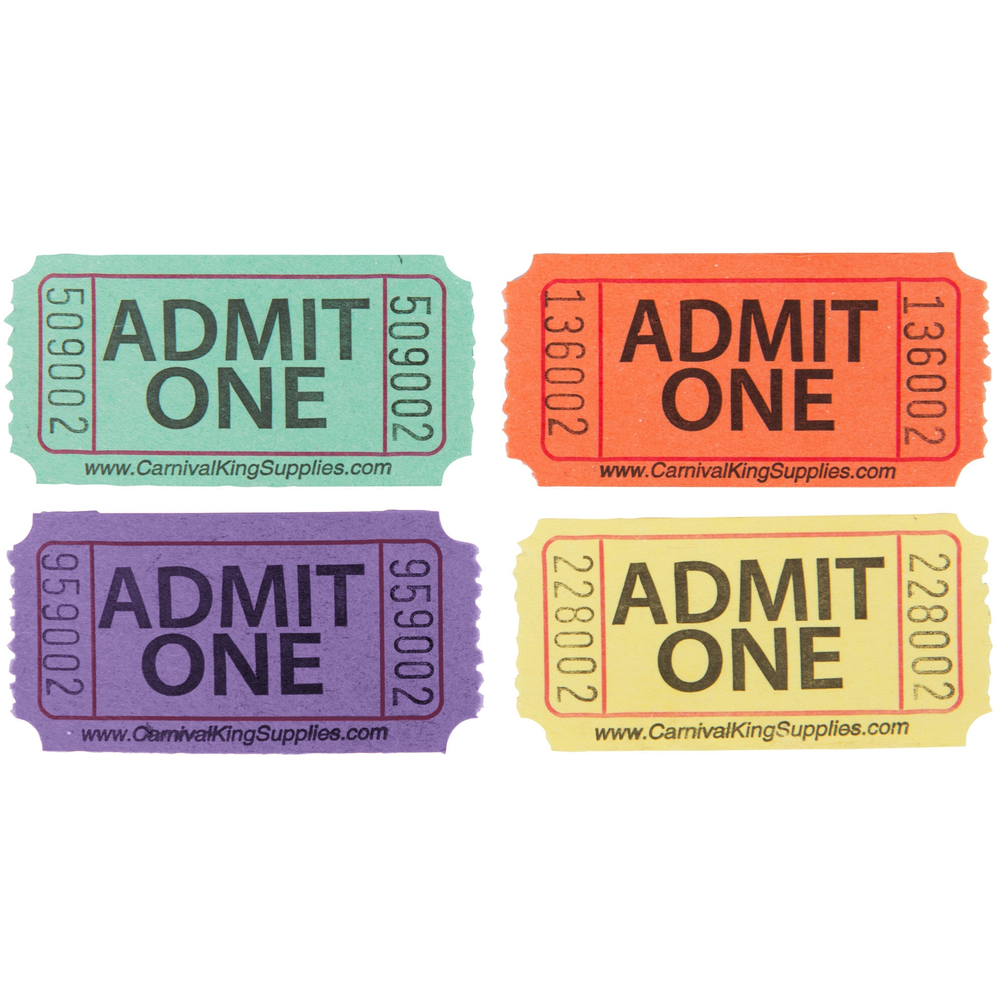 Assorted 1-Part "Admit One" Tickets Set - Green, Orange, Purple, Yellow