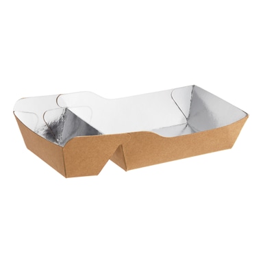 11 oz. Small Two-Compartment Foiled Paper Food Tray 5 1/2" x 2 1/2" x 1 1/4" - 475/Case