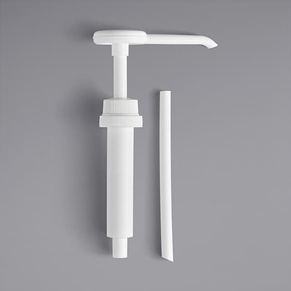 A white plastic pump with a white tube and cap.