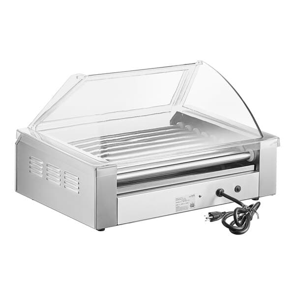A silver Carnival King hot dog roller with a clear sneeze guard.